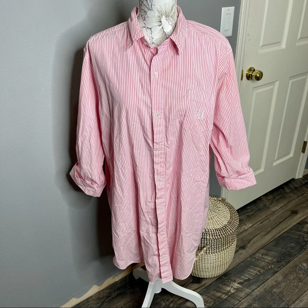 Lauren Ralph Lauren Women's Pink White Stripe Cotton Sleep Shirt Dress SZ XL